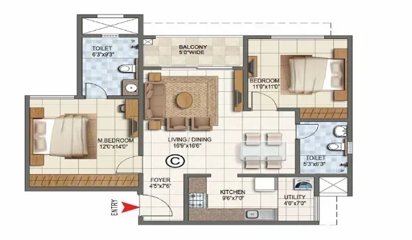 Featured Image of Prestige Battersea 2 BHK Apartment Floor Plan